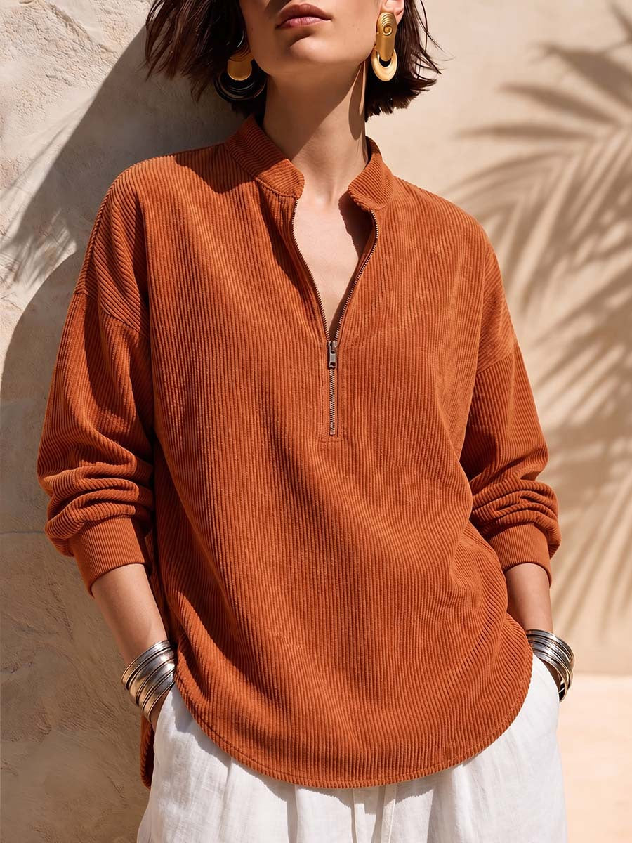 ZIP COLLAR CORDUROY SWEATER FOR WOMEN