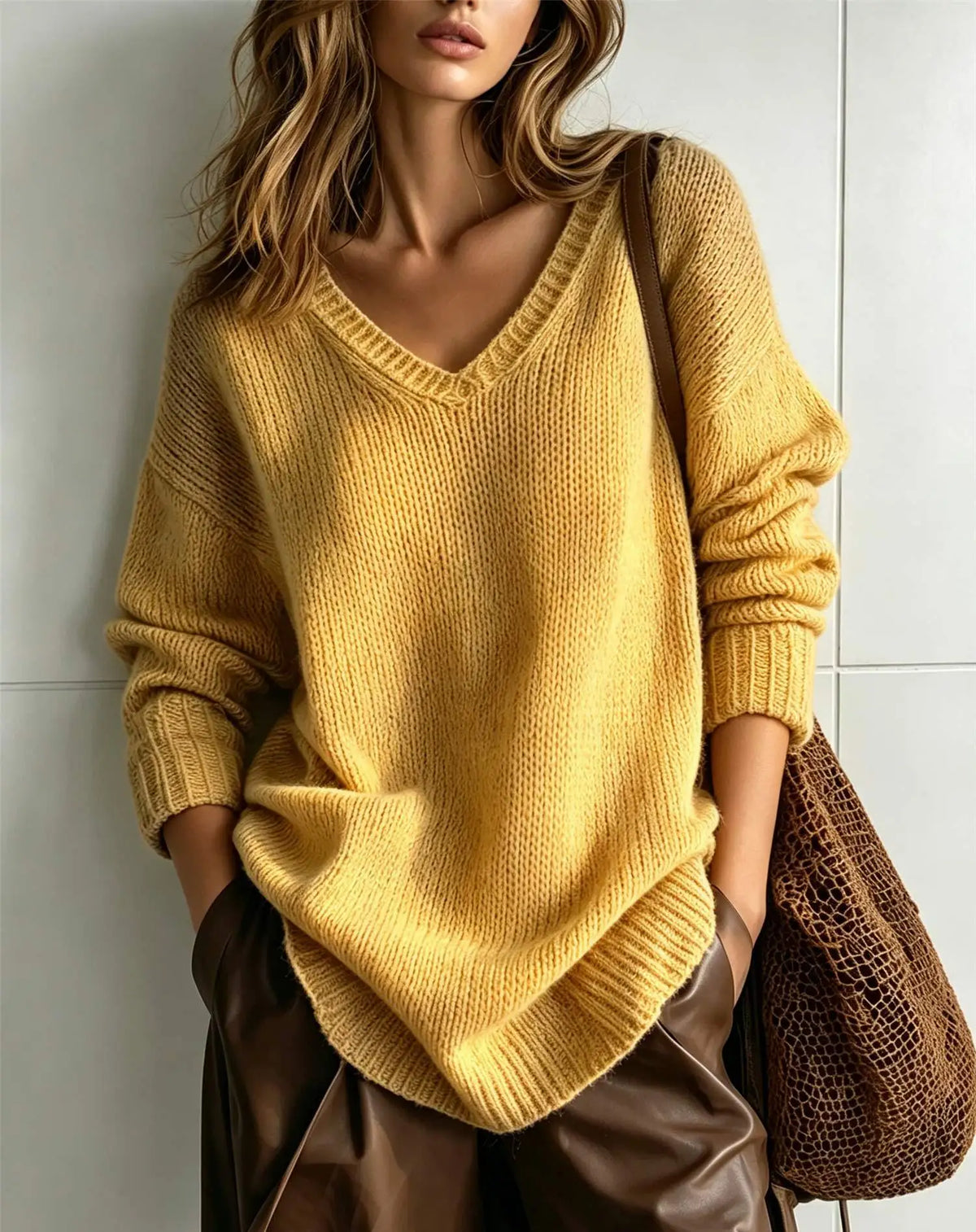 OVERSIZED V-NECK KNIT SWEATER FOR WOMEN