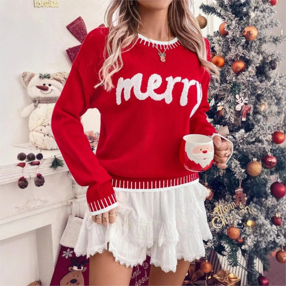 EMBROIDERED CREW NECK CHRISTMAS SWEATER FOR WOMEN