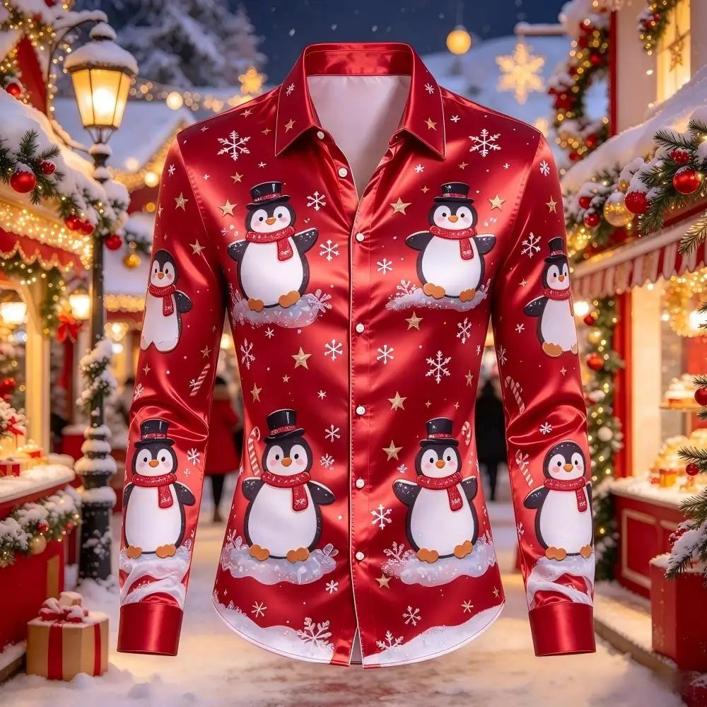 PRINTED SATIN CHRISTMAS BLOUSE FOR MEN