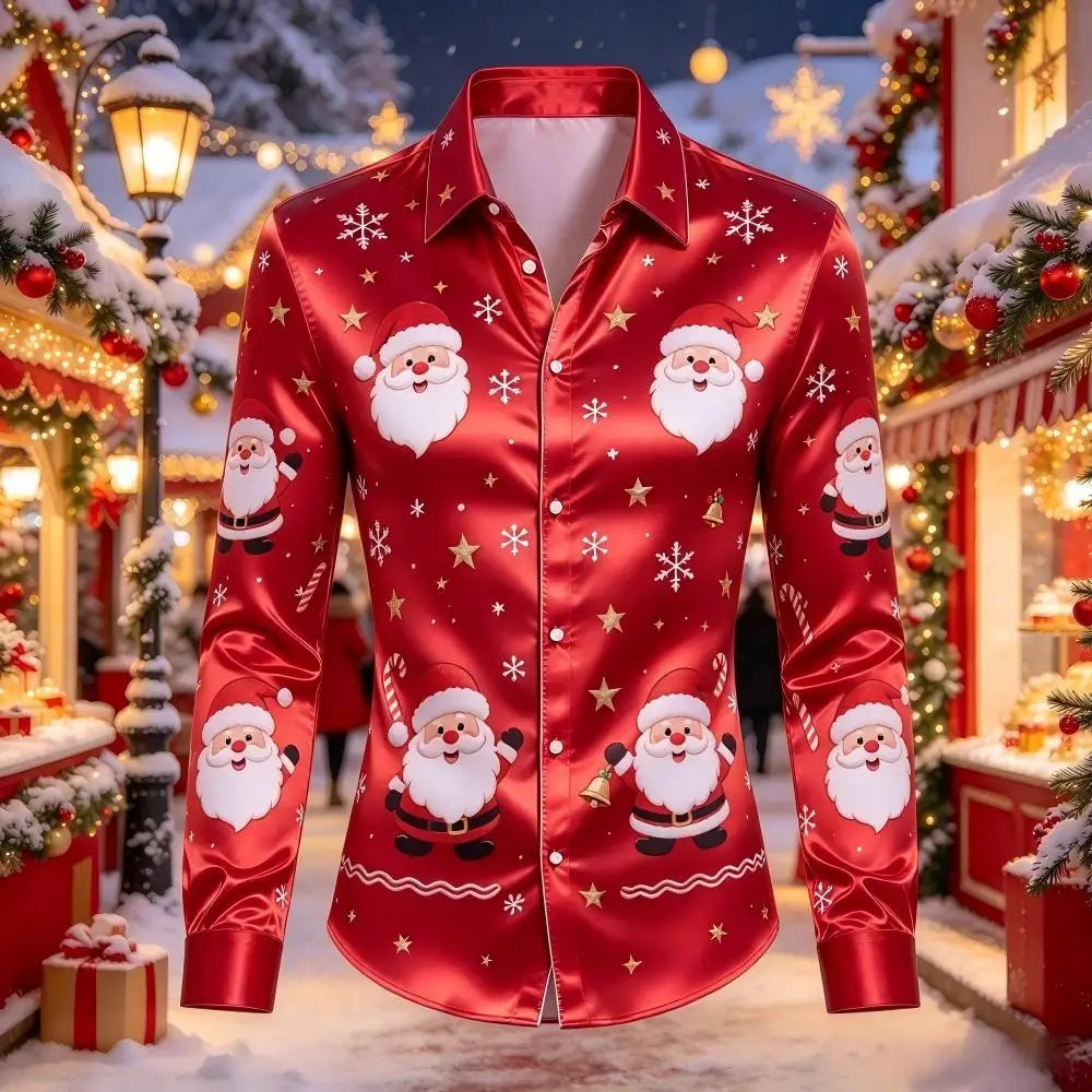PRINTED SATIN CHRISTMAS BLOUSE FOR MEN