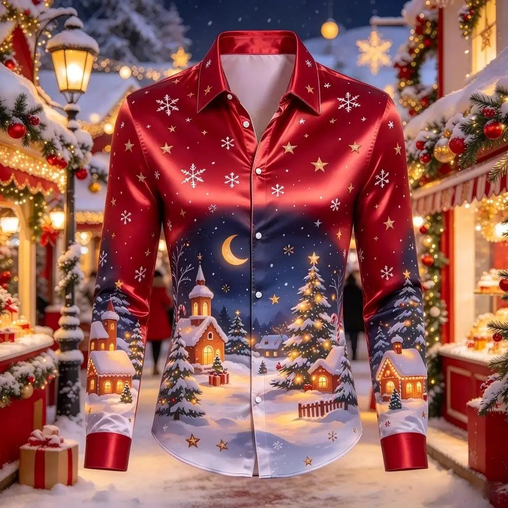 PRINTED SATIN CHRISTMAS BLOUSE FOR MEN