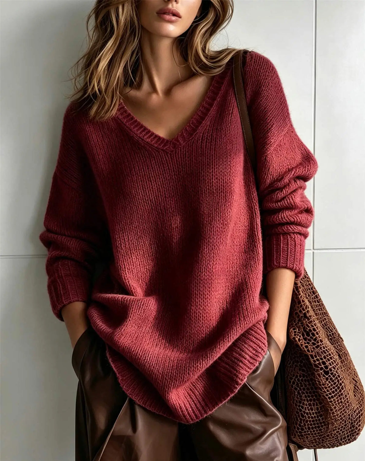 OVERSIZED V-NECK KNIT SWEATER FOR WOMEN
