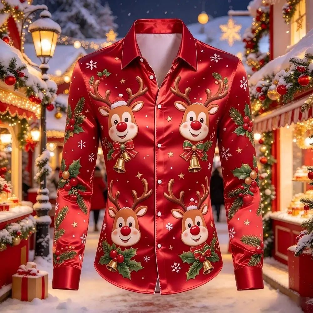 PRINTED SATIN CHRISTMAS BLOUSE FOR MEN