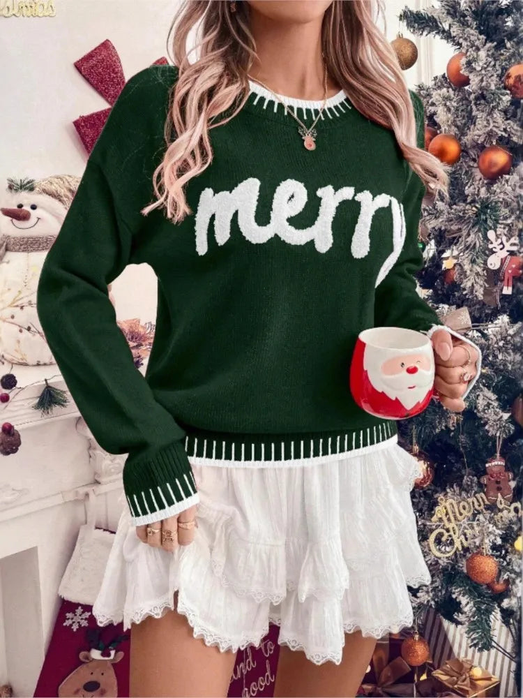 EMBROIDERED CREW NECK CHRISTMAS SWEATER FOR WOMEN
