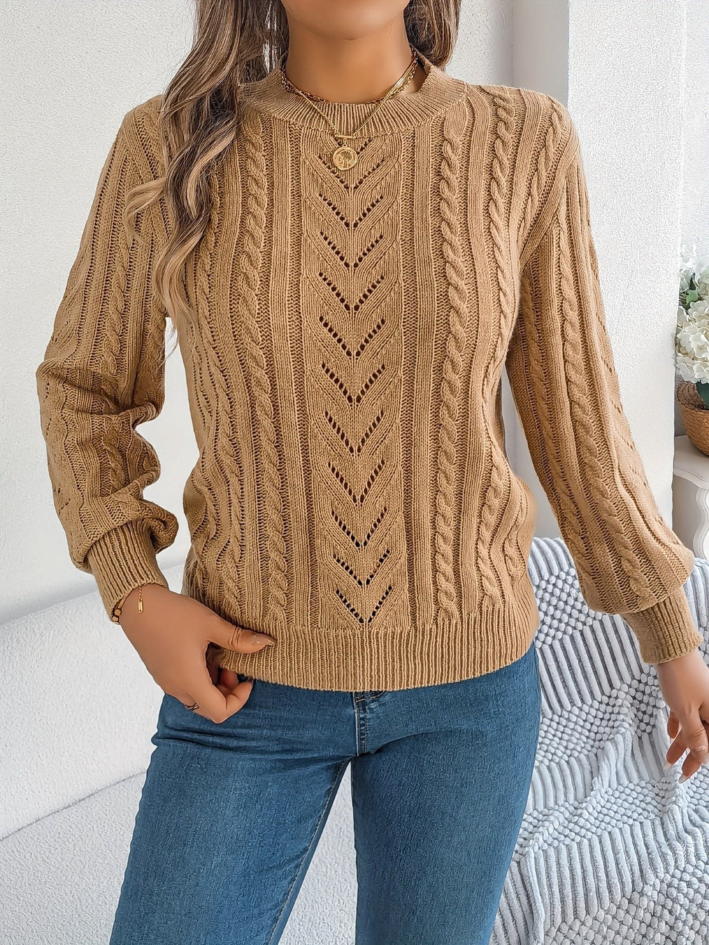 TEXTURED CABLE KNIT SWEATER FOR WOMEN