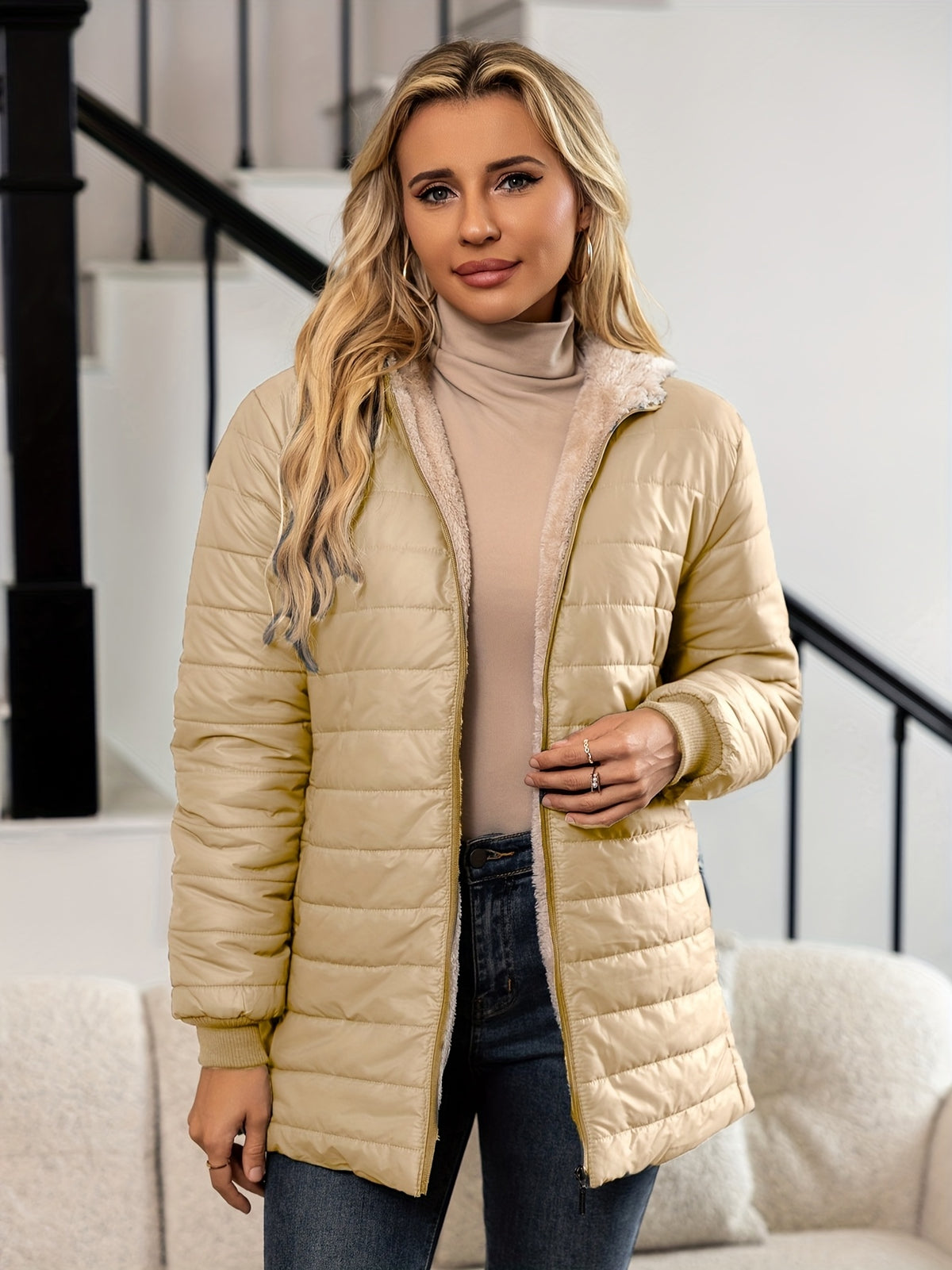SHERPA HOODED PUFFER JACKET FOR WOMEN