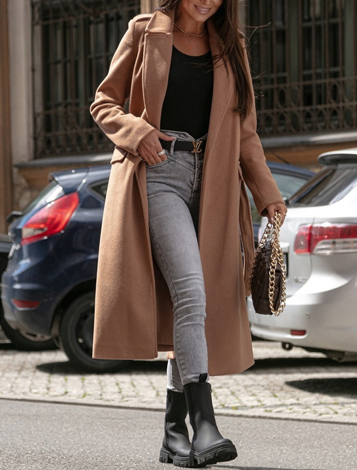 BELTED LONGLINE WOOL COAT FOR WOMEN
