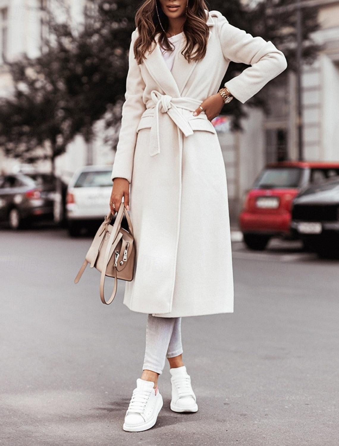 BELTED LONGLINE WOOL COAT FOR WOMEN