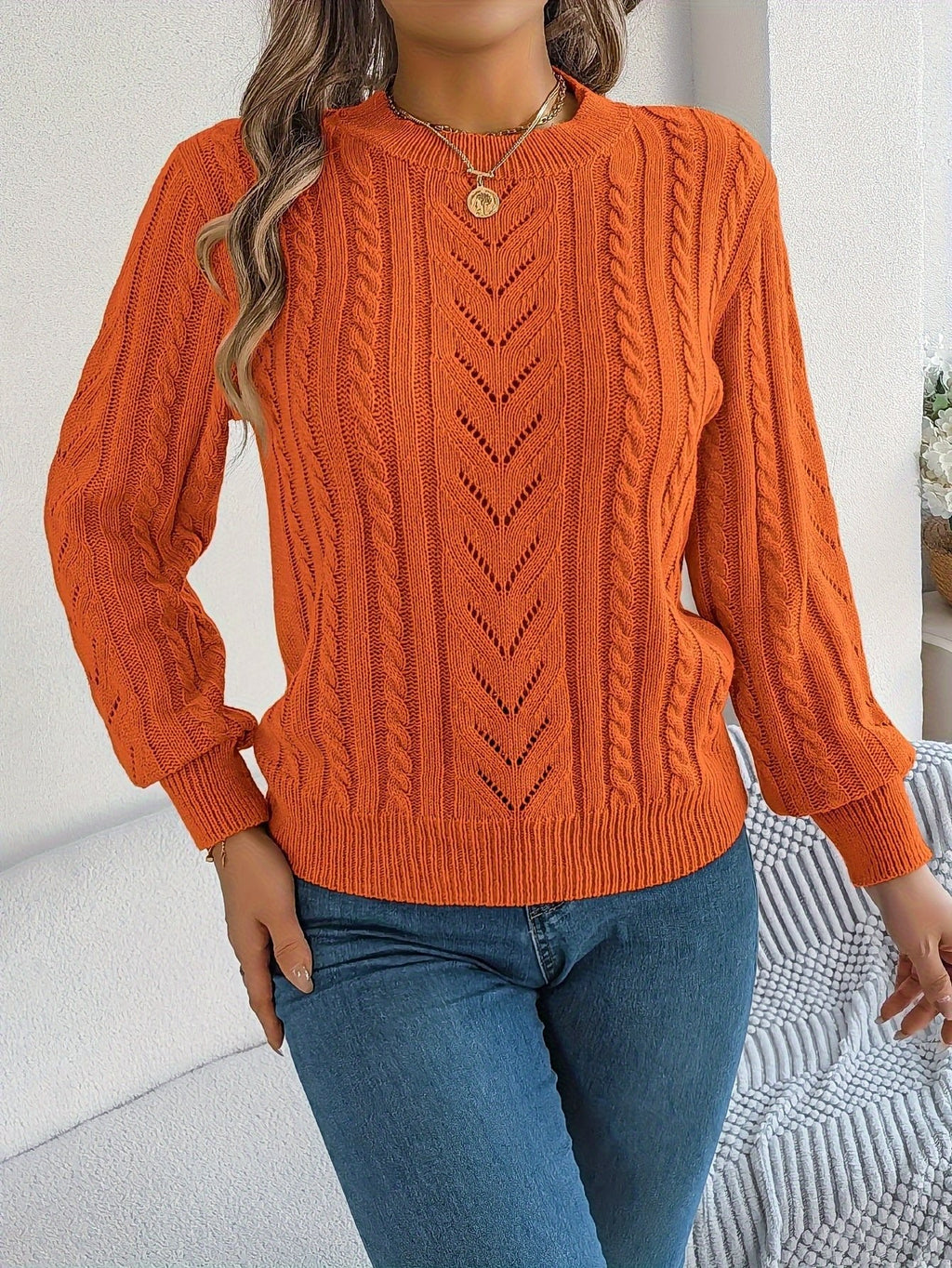 TEXTURED CABLE KNIT SWEATER FOR WOMEN