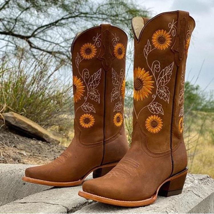 SUNFLOWER EMBROIDERED COWBOY BOOTS FOR WOMEN