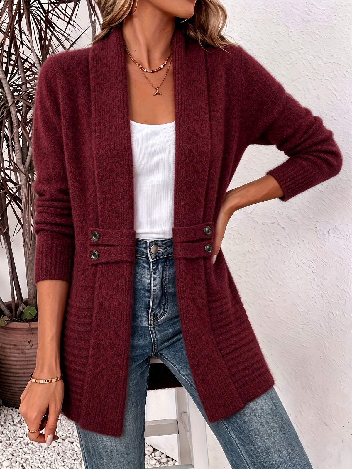 RIBBED BELTED LONGLINE CARDIGAN FOR WOMEN