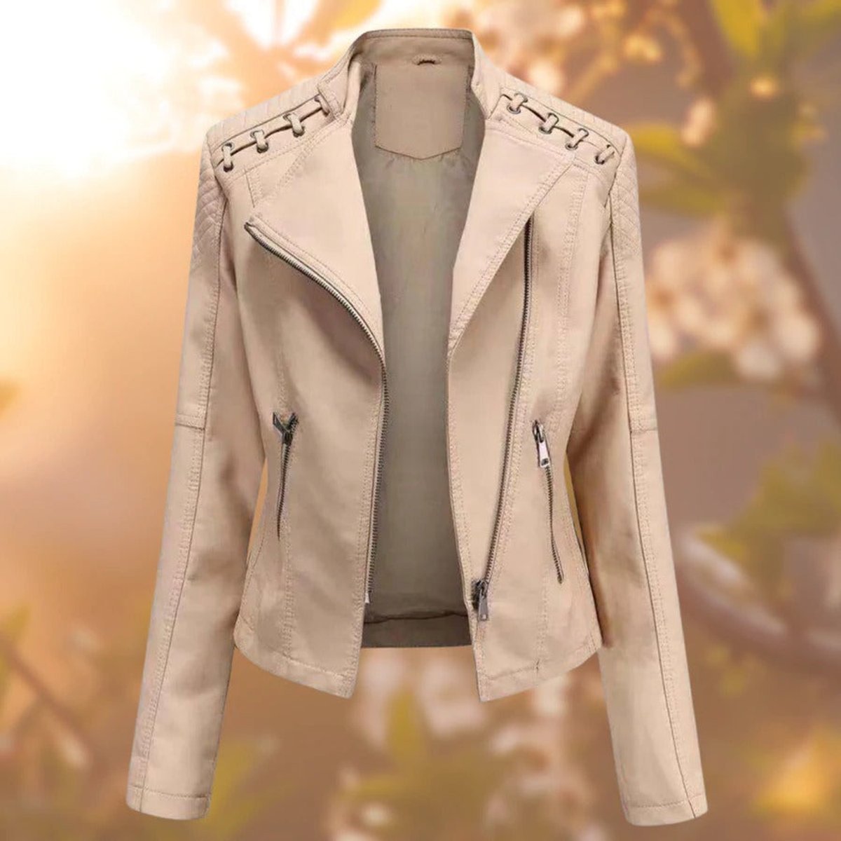 STAND COLLAR FAUX LEATHER JACKET FOR WOMEN