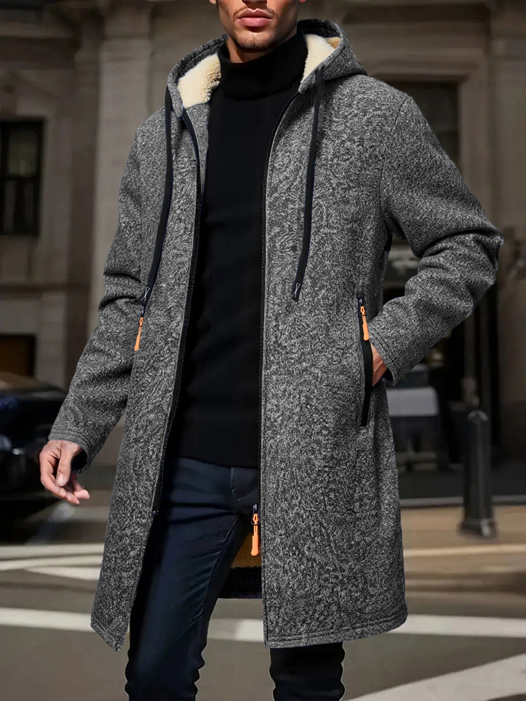 HOODED FLEECE-LINED TRENCH COAT FOR MEN