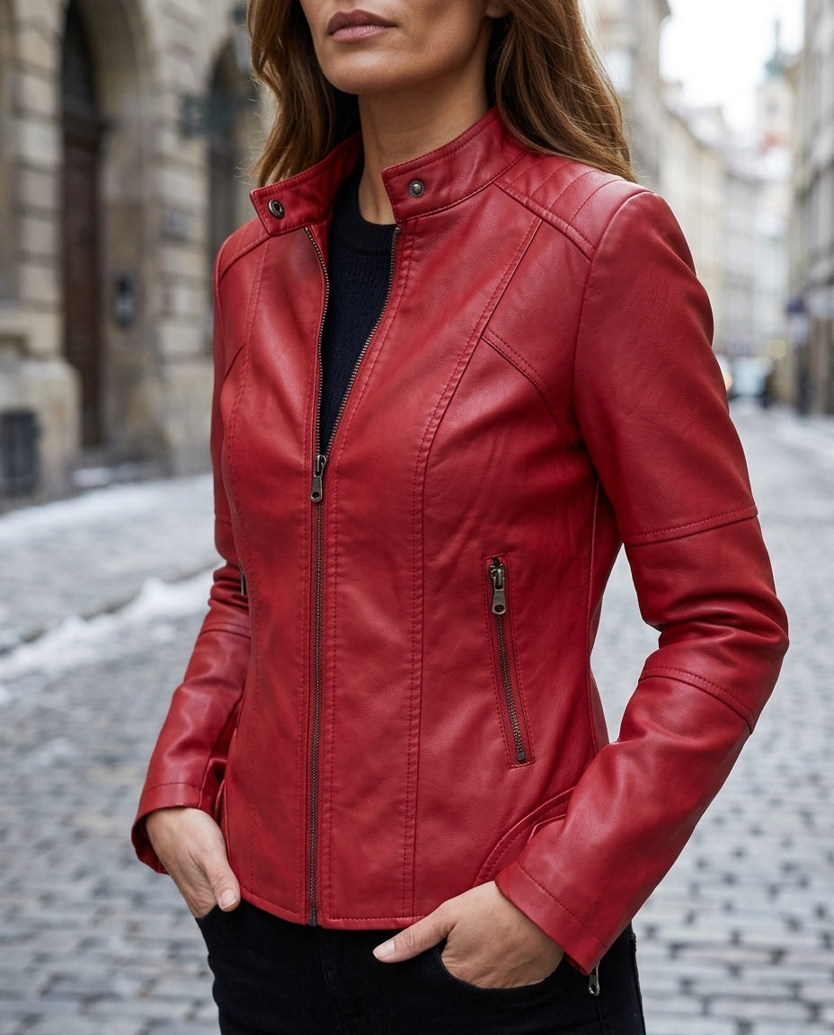 CROPPED MOTO-STYLE LEATHER JACKET FOR WOMEN