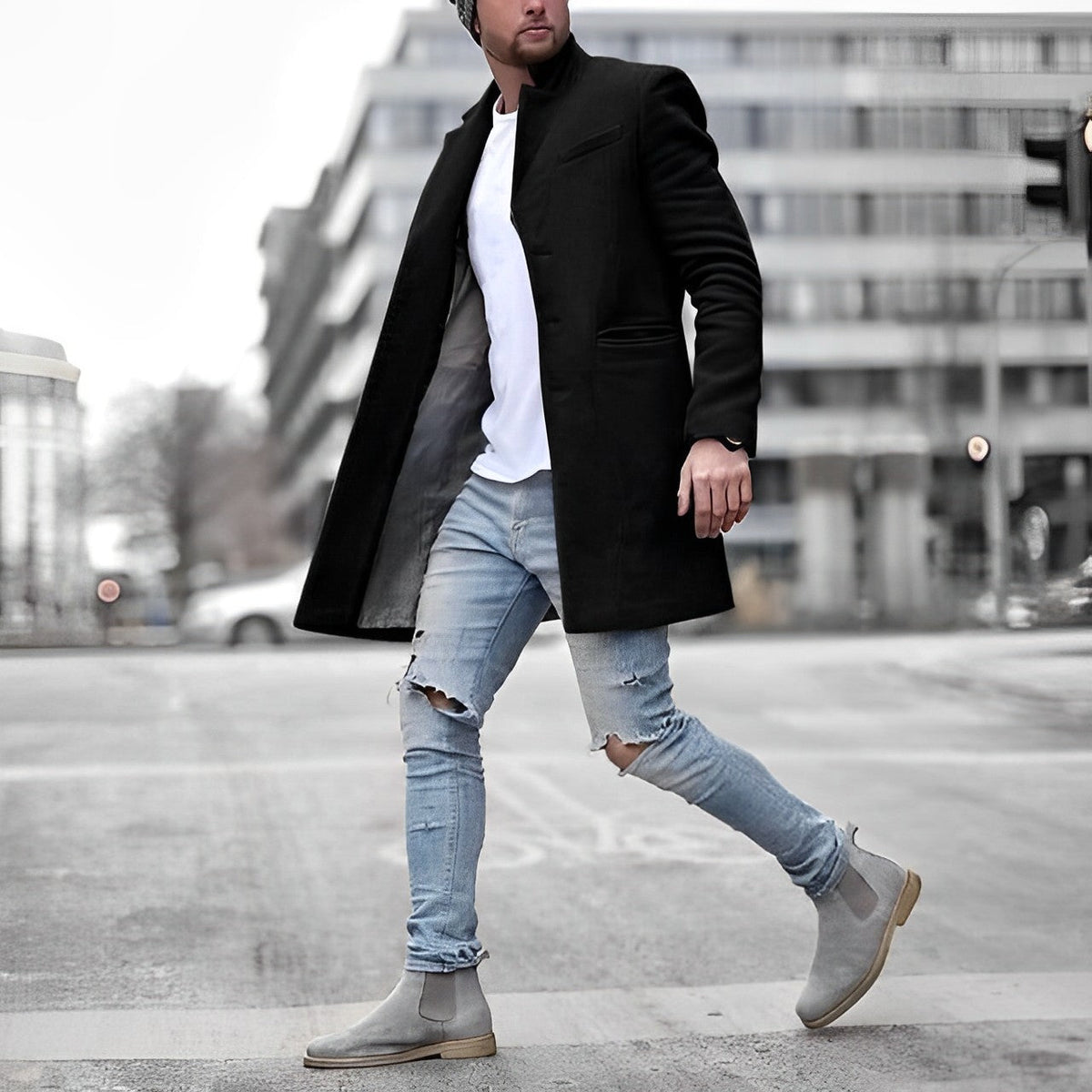 SLIM-FIT STAND COLLAR TOPCOAT FOR MEN