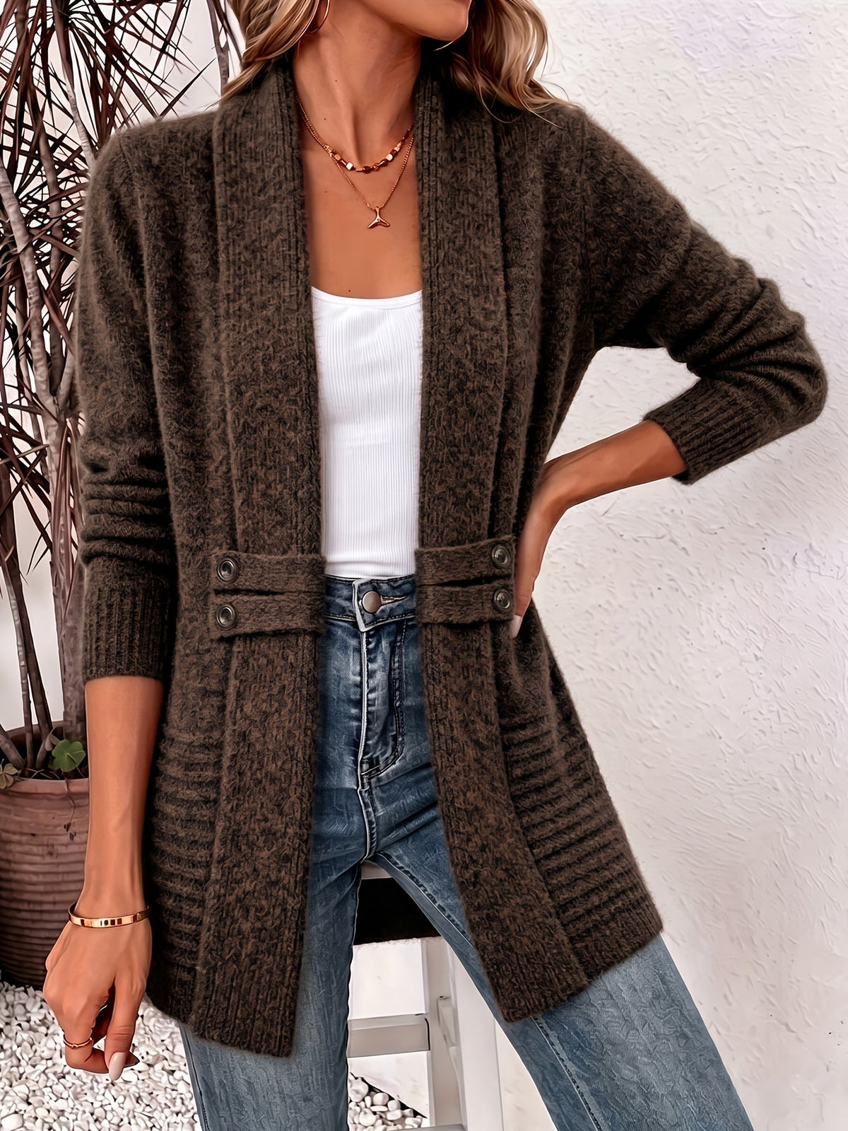 RIBBED BELTED LONGLINE CARDIGAN FOR WOMEN
