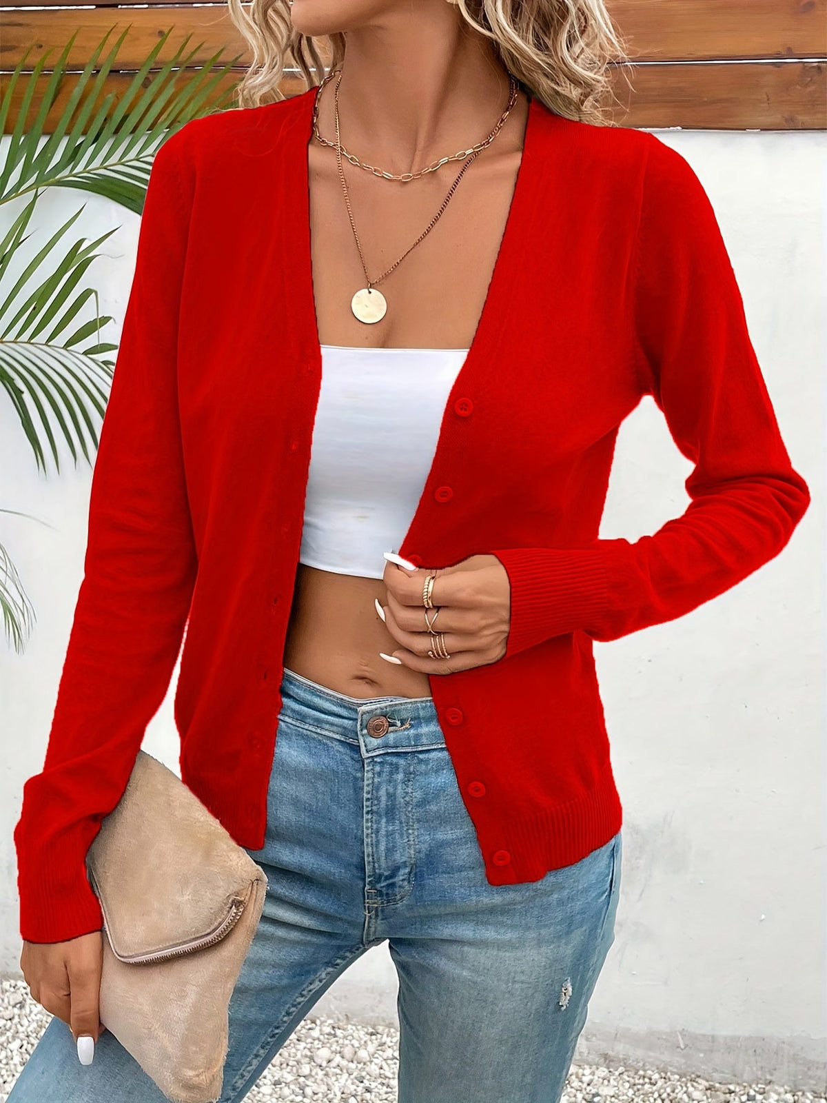 CROPPED BUTTON-FRONT KNIT CARDIGAN FOR WOMEN
