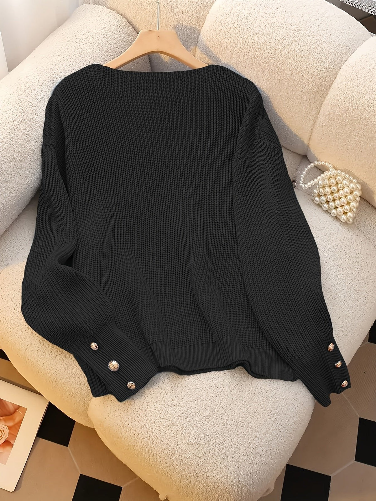 RIBBED V-NECK KNIT SWEATER FOR WOMEN