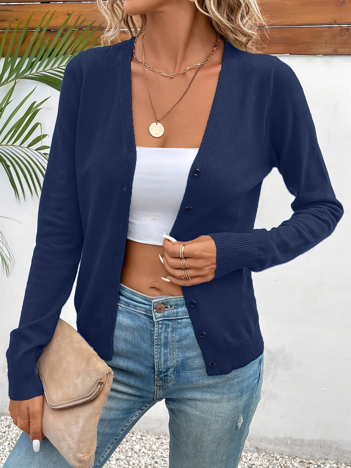 CROPPED BUTTON-FRONT KNIT CARDIGAN FOR WOMEN