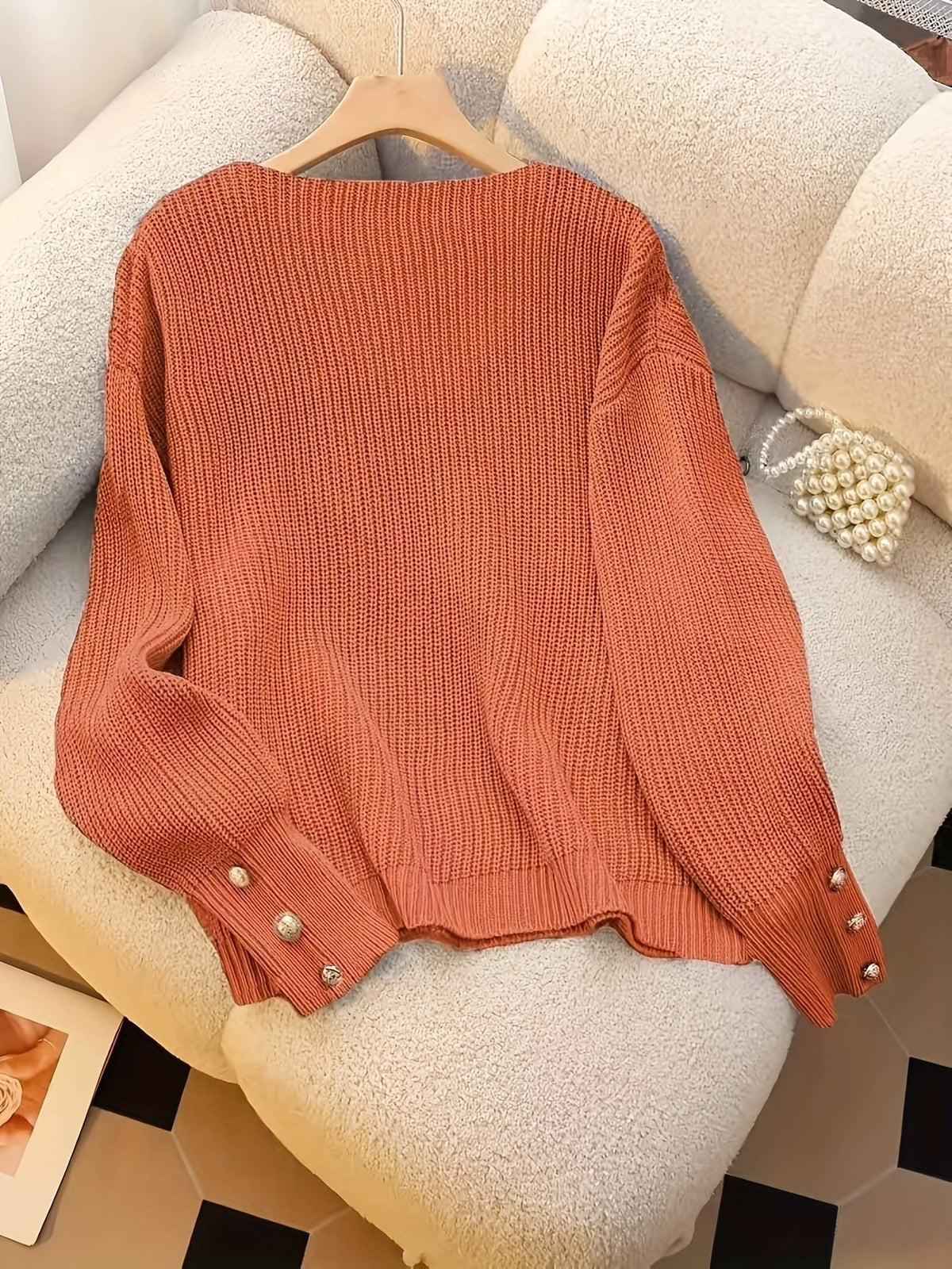 RIBBED V-NECK KNIT SWEATER FOR WOMEN