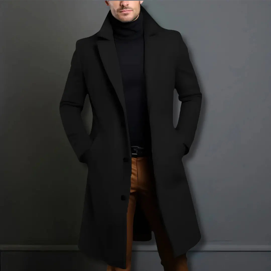 NOTCHED LAPEL LONG OVERCOAT FOR MEN