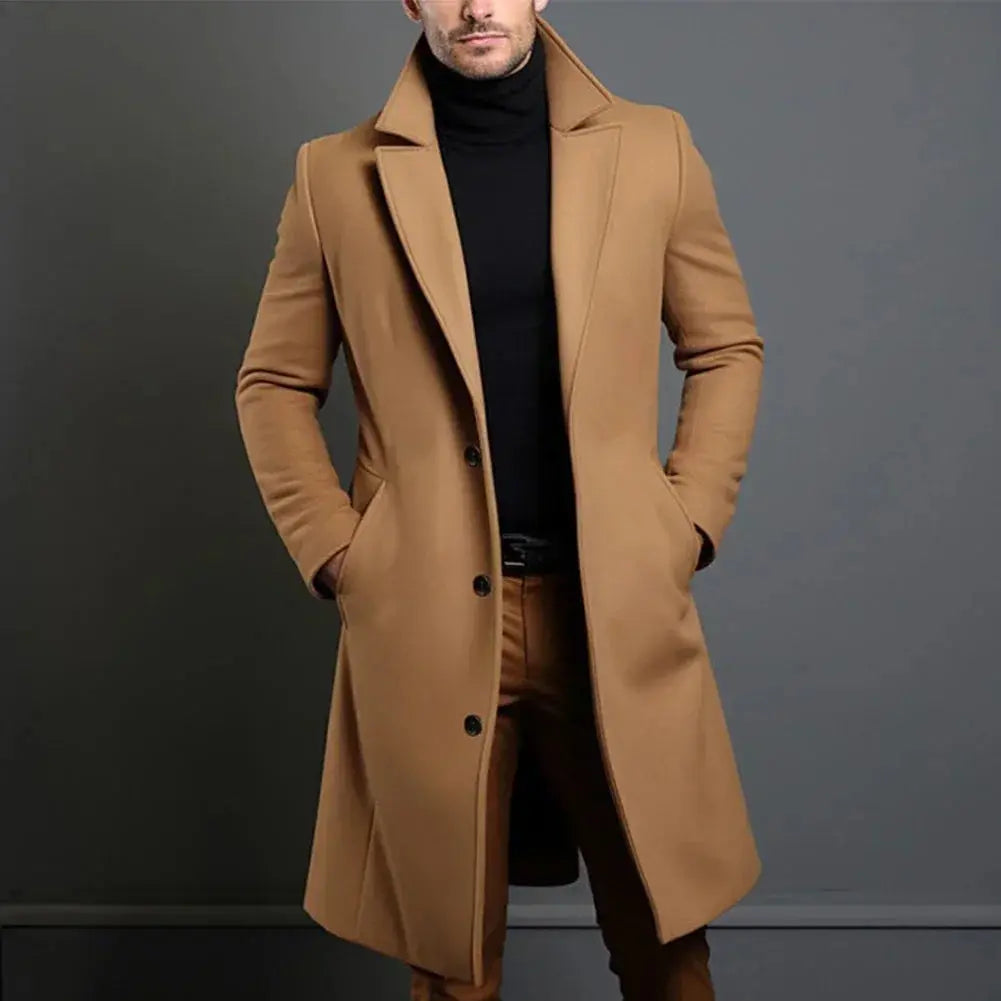 NOTCHED LAPEL LONG OVERCOAT FOR MEN
