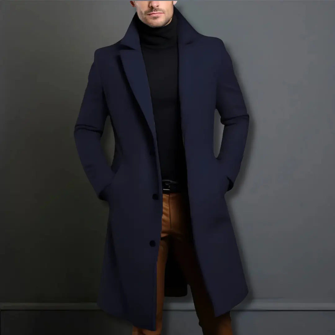 NOTCHED LAPEL LONG OVERCOAT FOR MEN
