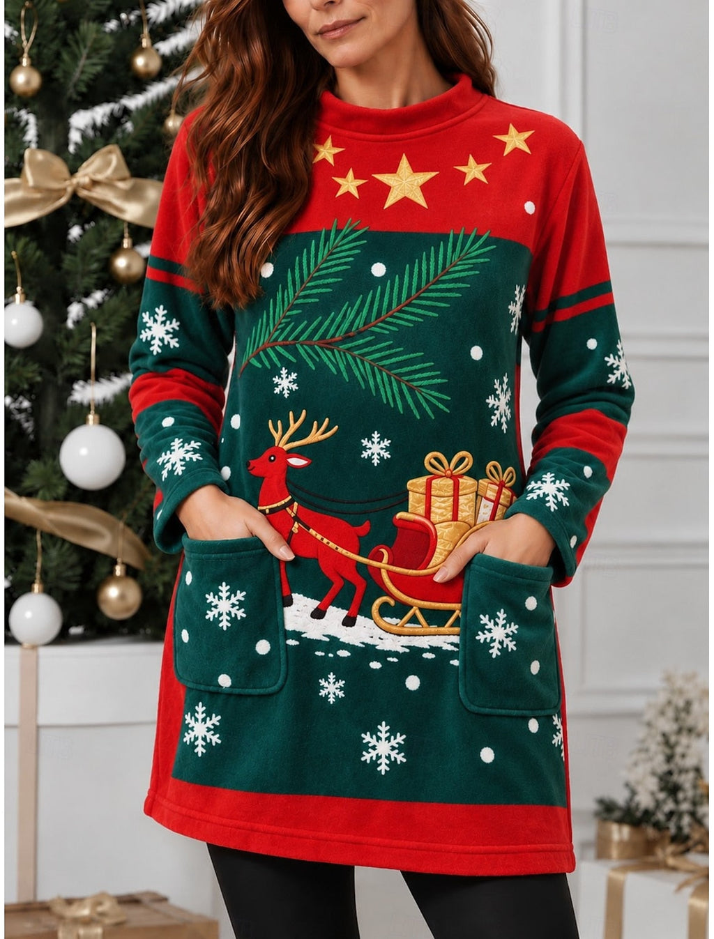 TREE PRINT CHRISTMAS SWEATER FOR WOMEN