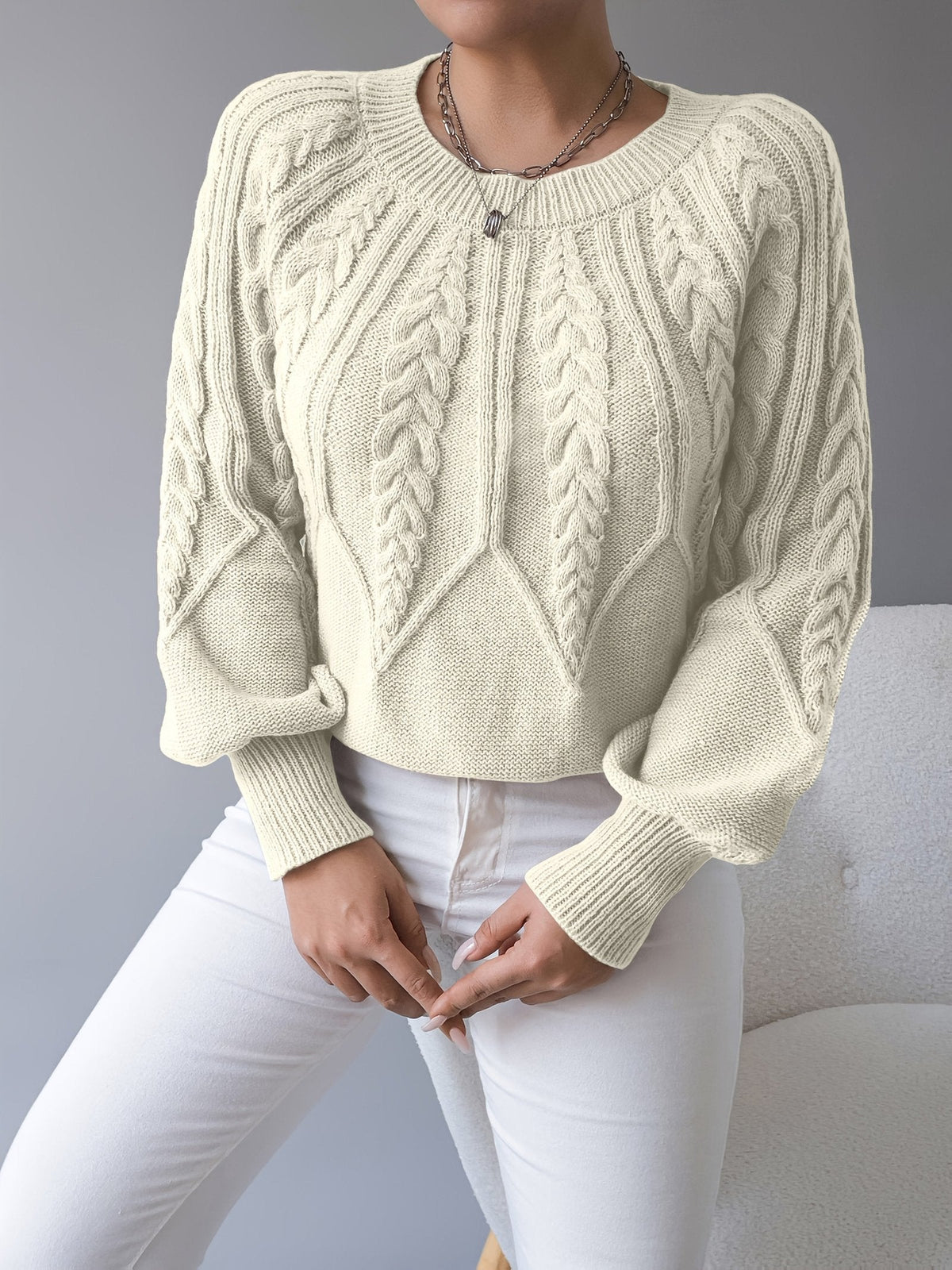 LANTERN SLEEVE CABLE KNIT SWEATER FOR WOMEN