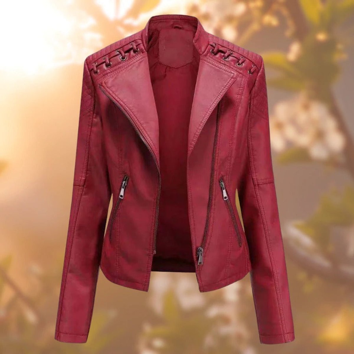 STAND COLLAR FAUX LEATHER JACKET FOR WOMEN