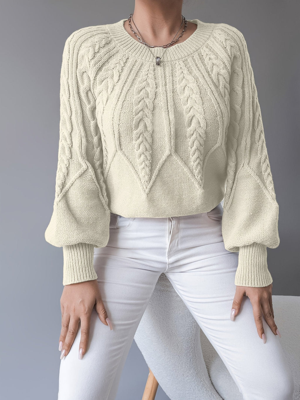 LANTERN SLEEVE CABLE KNIT SWEATER FOR WOMEN