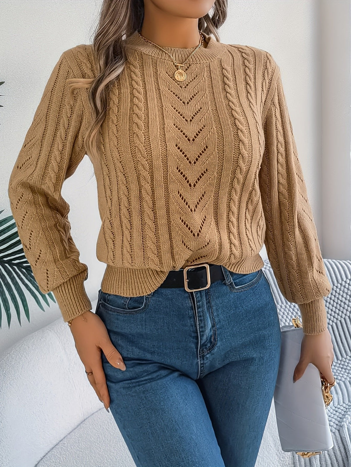TEXTURED CABLE KNIT SWEATER FOR WOMEN