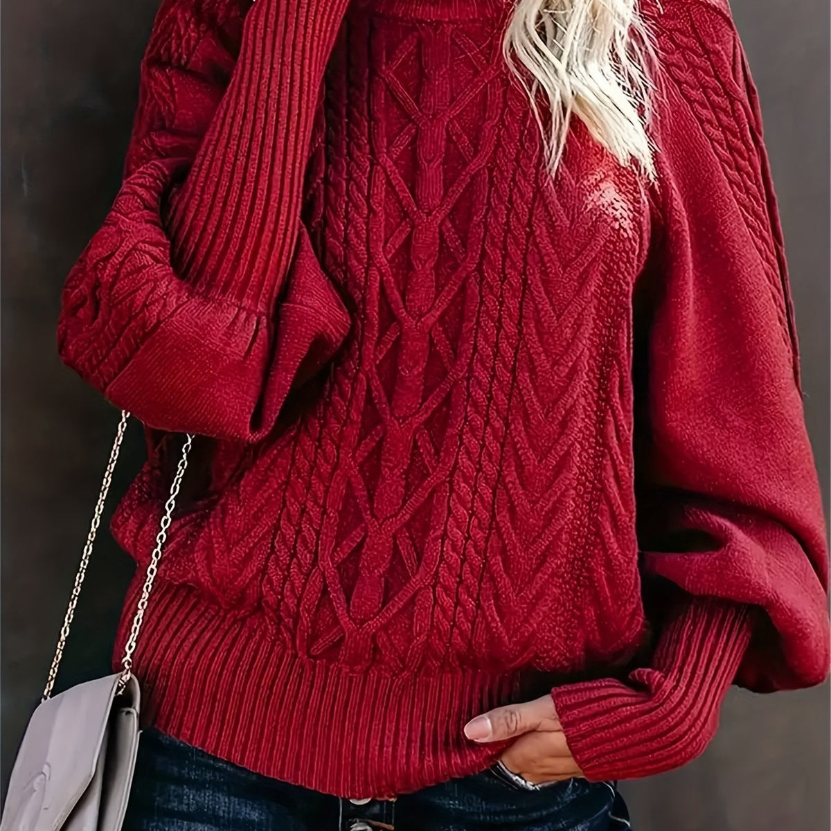 HALF-HIGH COLLAR CABLE KNIT SWEATER FOR WOMEN