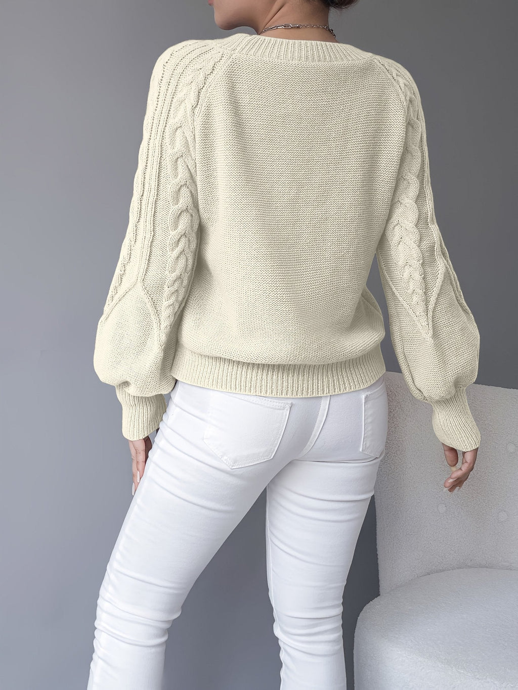 LANTERN SLEEVE CABLE KNIT SWEATER FOR WOMEN