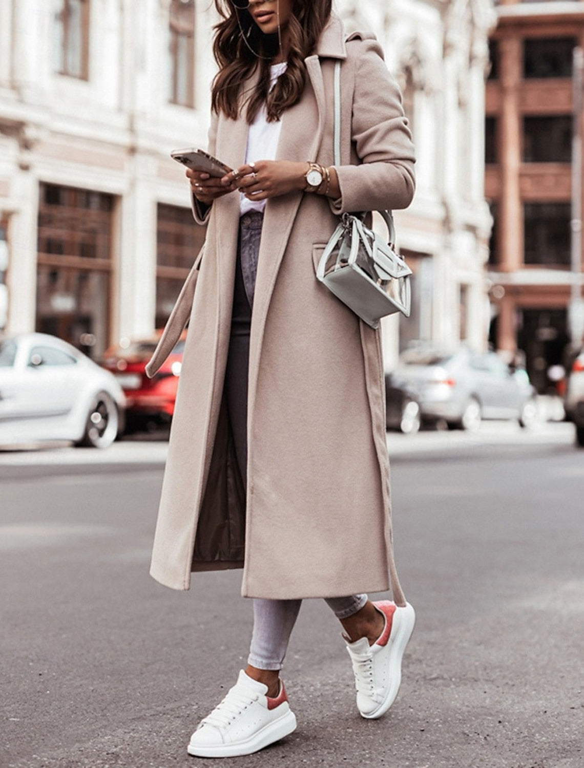 BELTED LONGLINE WOOL COAT FOR WOMEN