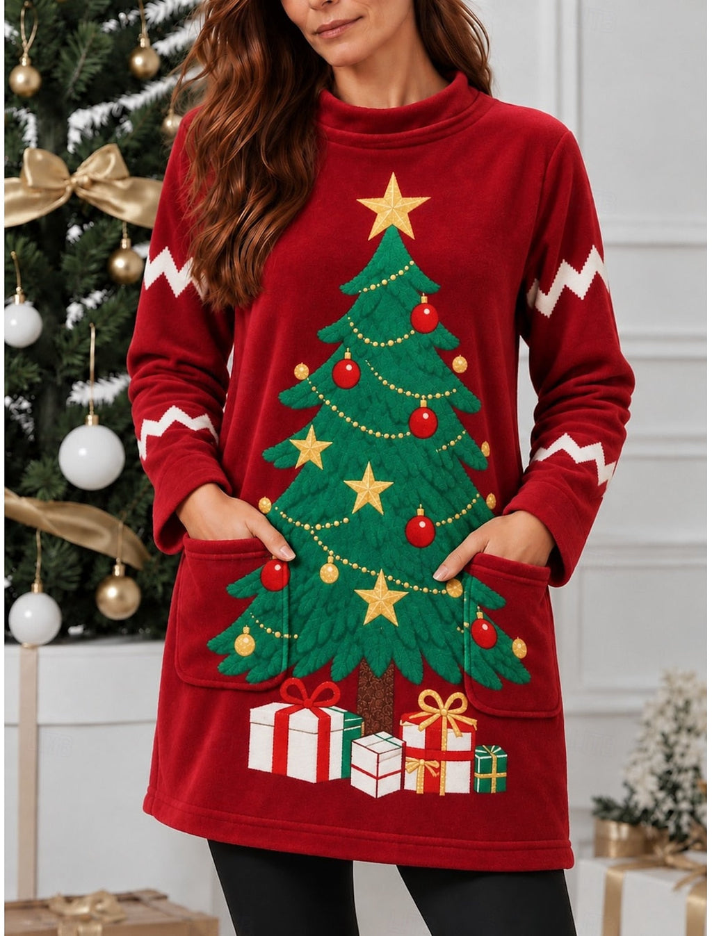 TREE PRINT CHRISTMAS SWEATER FOR WOMEN