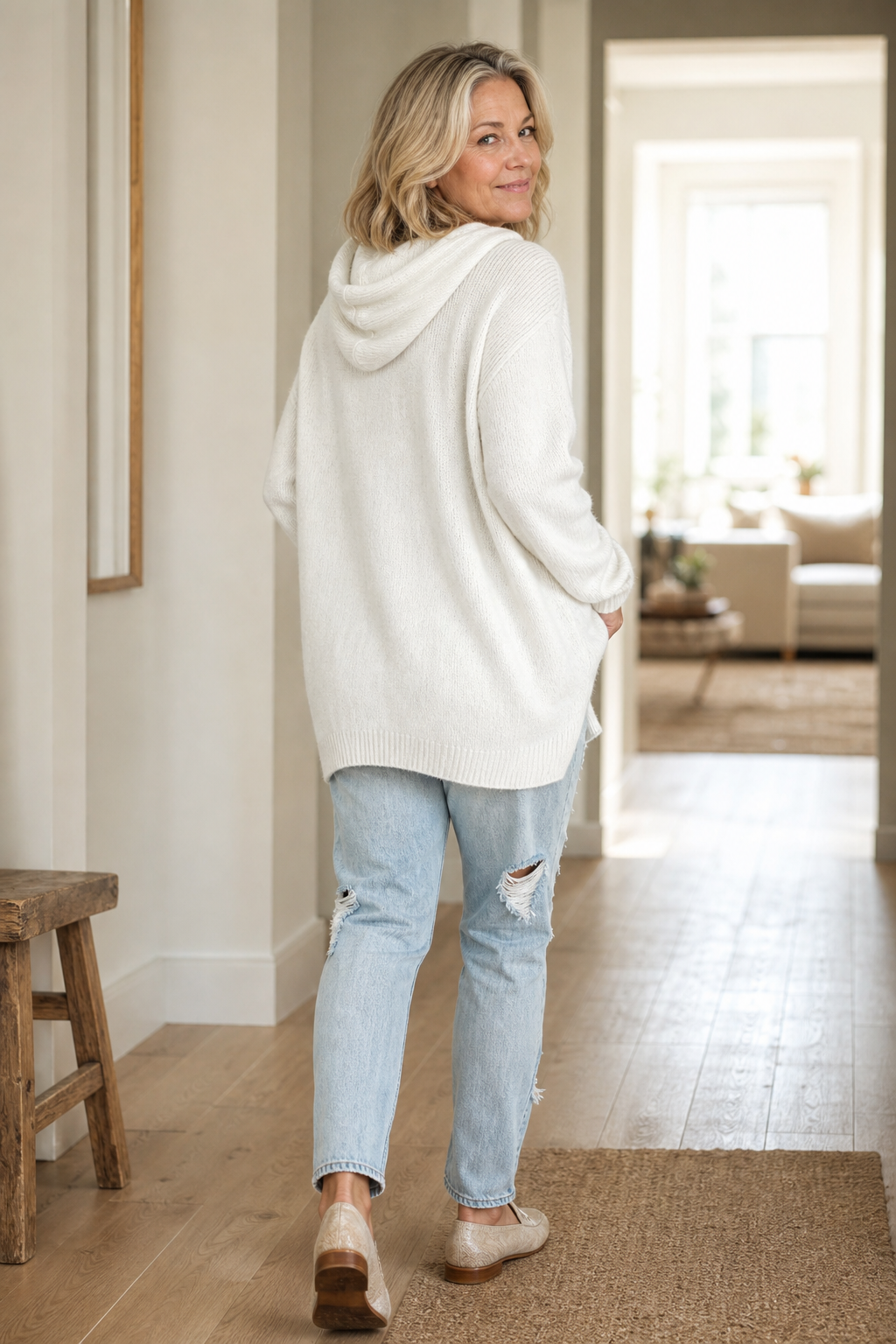 HOODED DRAWSTRING KNIT SWEATER FOR WOMEN