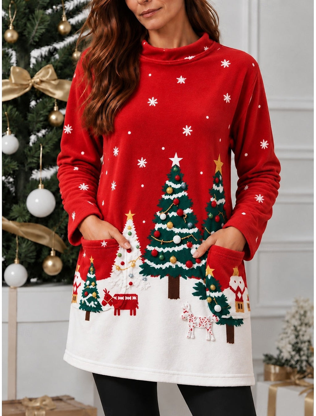 TREE PRINT CHRISTMAS SWEATER FOR WOMEN