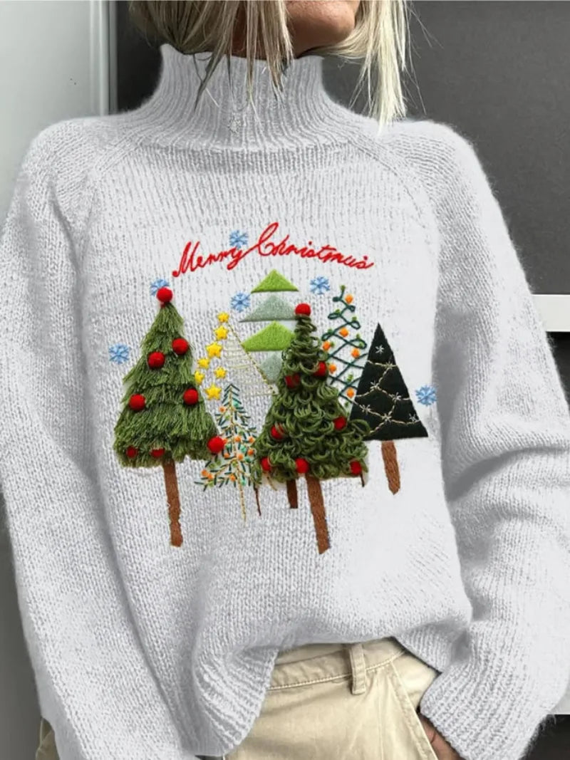 EMBROIDERED TURTLENECK CHRISTMAS SWEATER FOR WOMEN