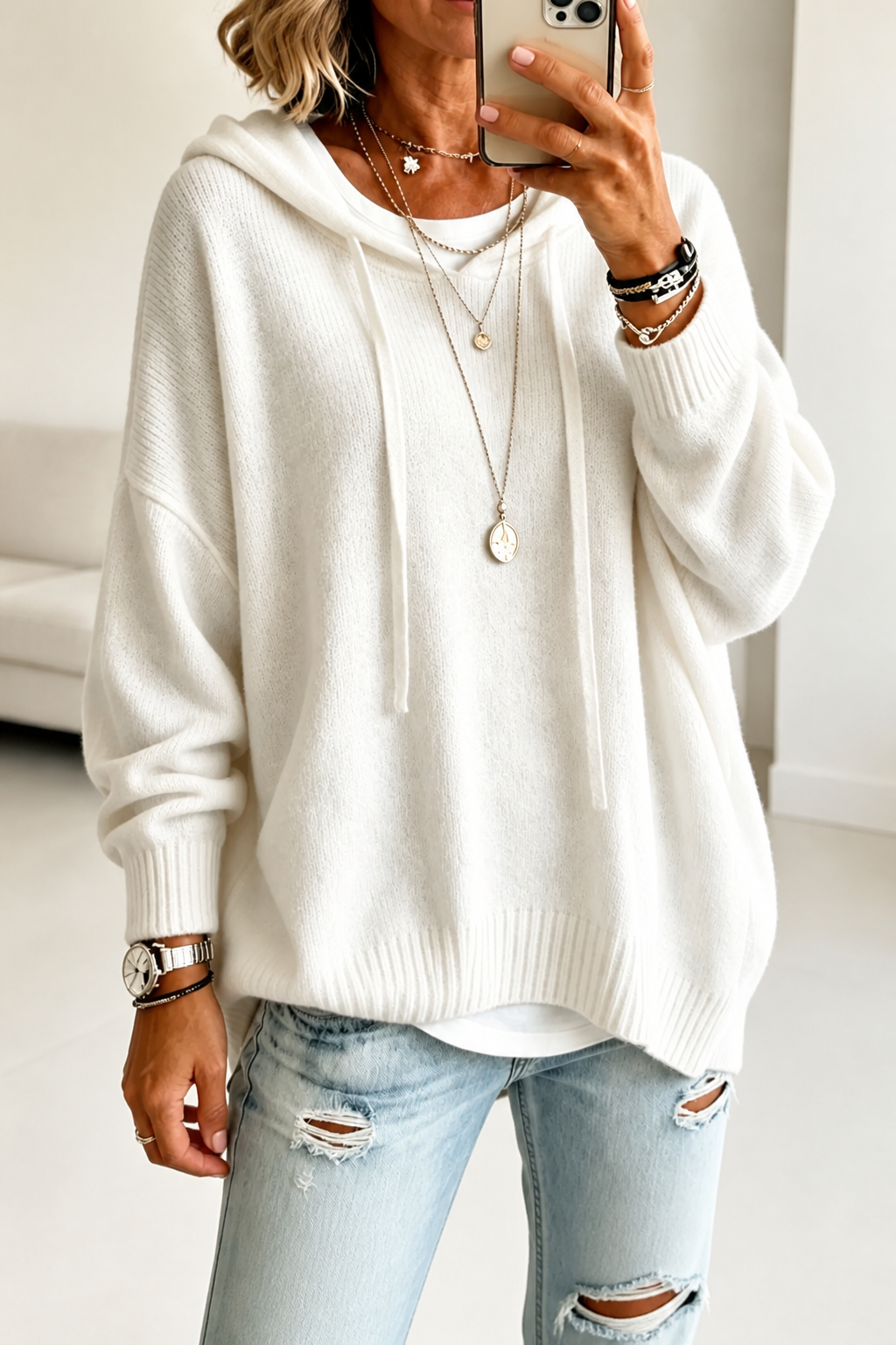HOODED DRAWSTRING KNIT SWEATER FOR WOMEN