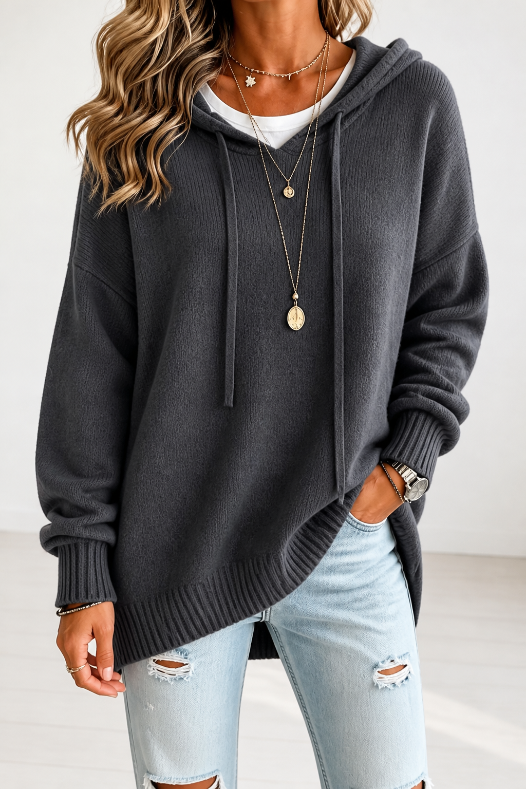 HOODED DRAWSTRING KNIT SWEATER FOR WOMEN