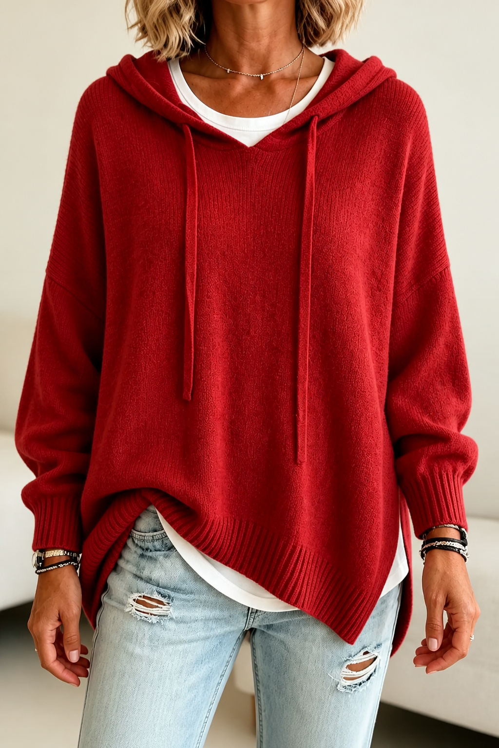 HOODED DRAWSTRING KNIT SWEATER FOR WOMEN