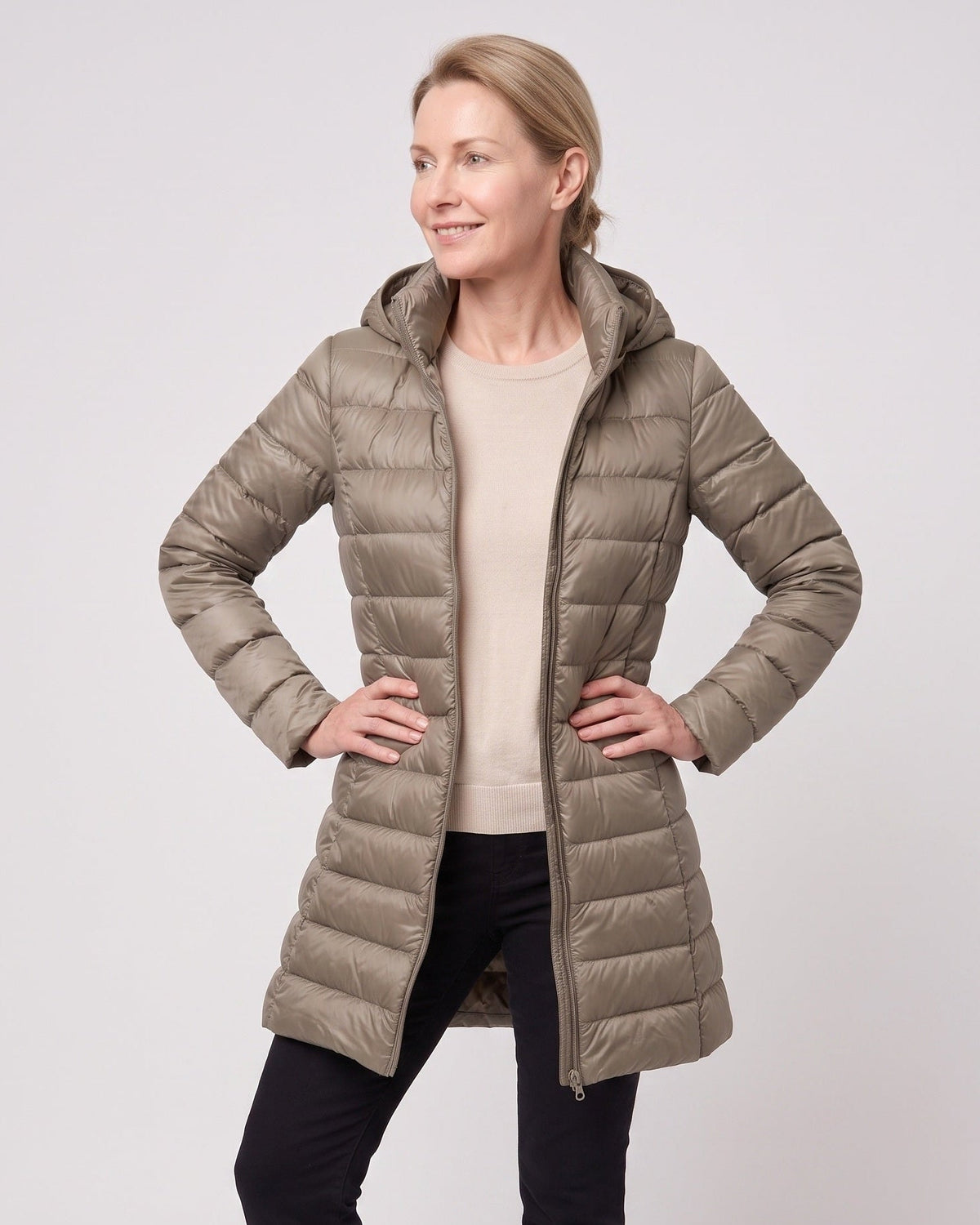 HOODED LONGLINE DOWN PUFFER JACKET FOR WOMEN