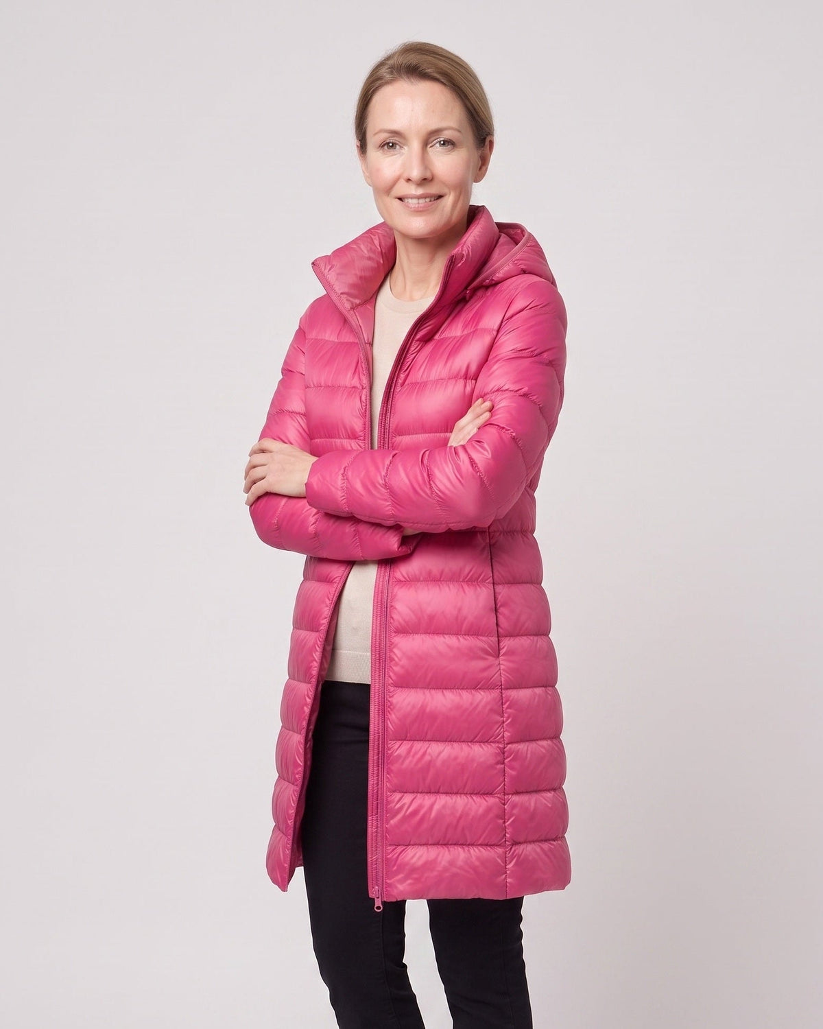 HOODED LONGLINE DOWN PUFFER JACKET FOR WOMEN